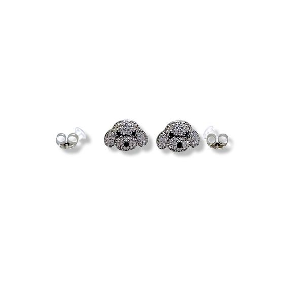 Round White and Black Cubic Zirconia Silver Doggy Face Earrings - Picture 9 of 9